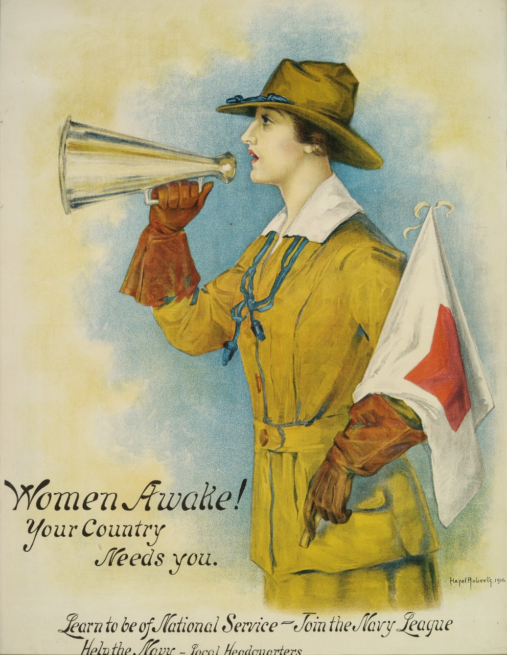 A woman in uniform holds a flag and she is playing a bugle