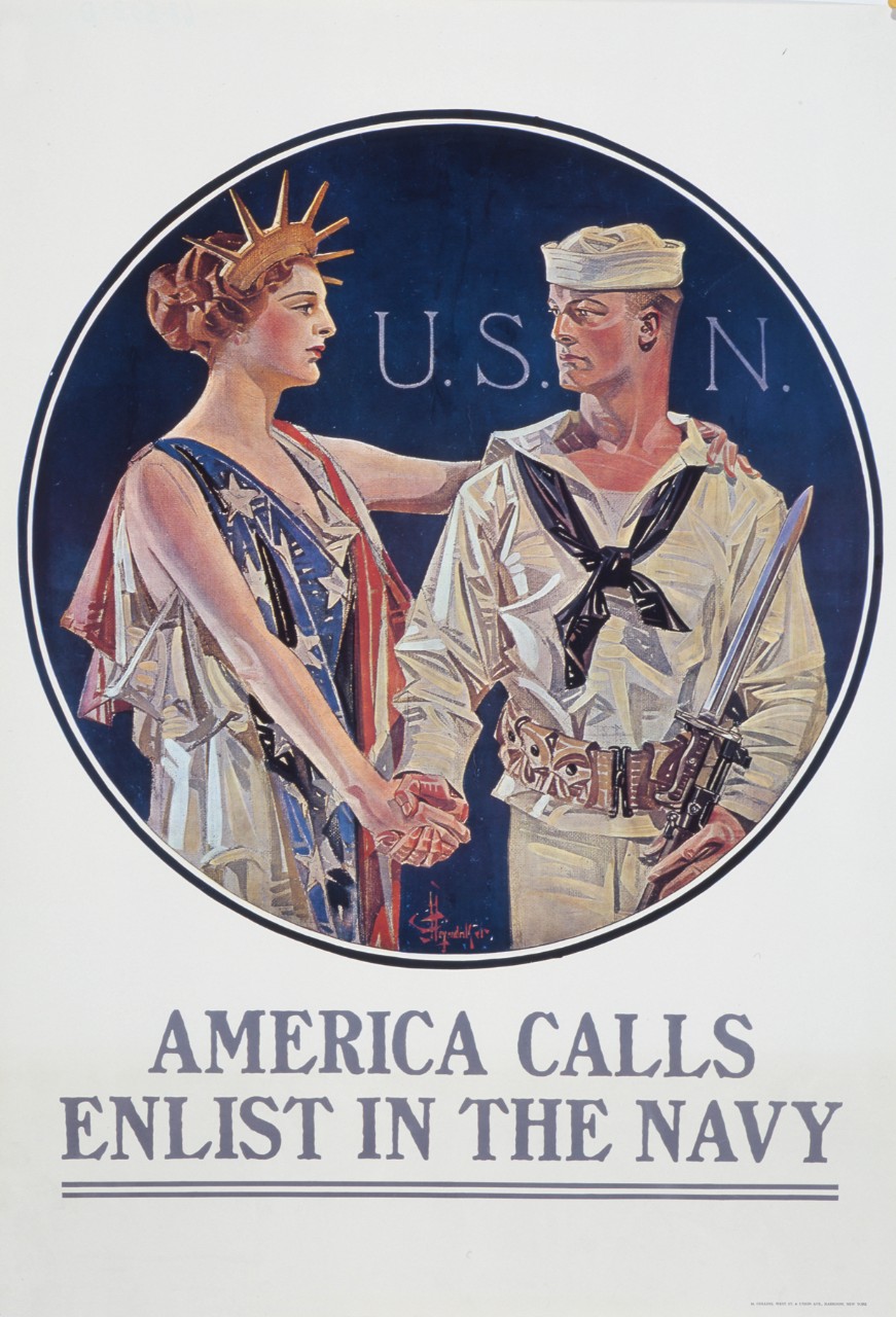 A sailor shaking hands with an allegorical America