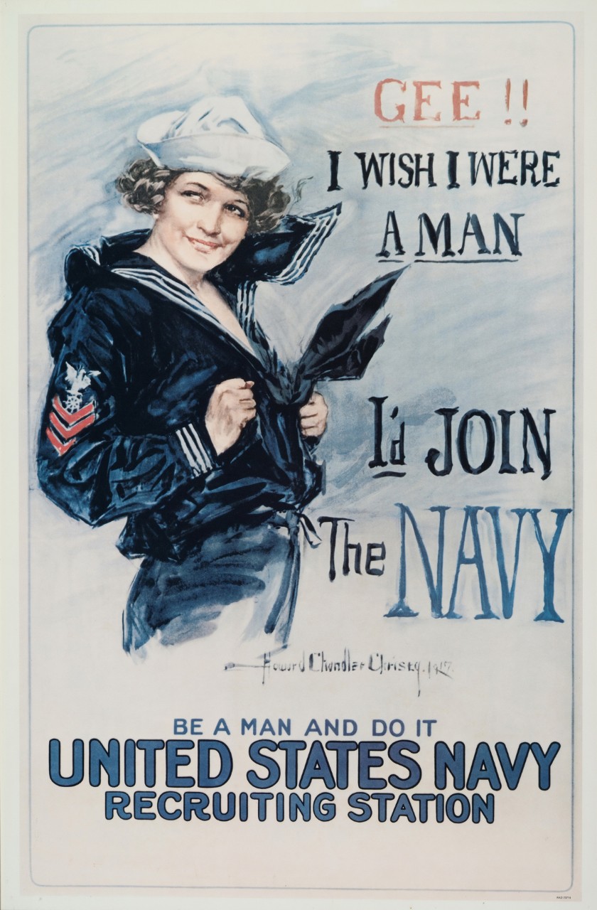 A woman is wearing a sailor’s uniform