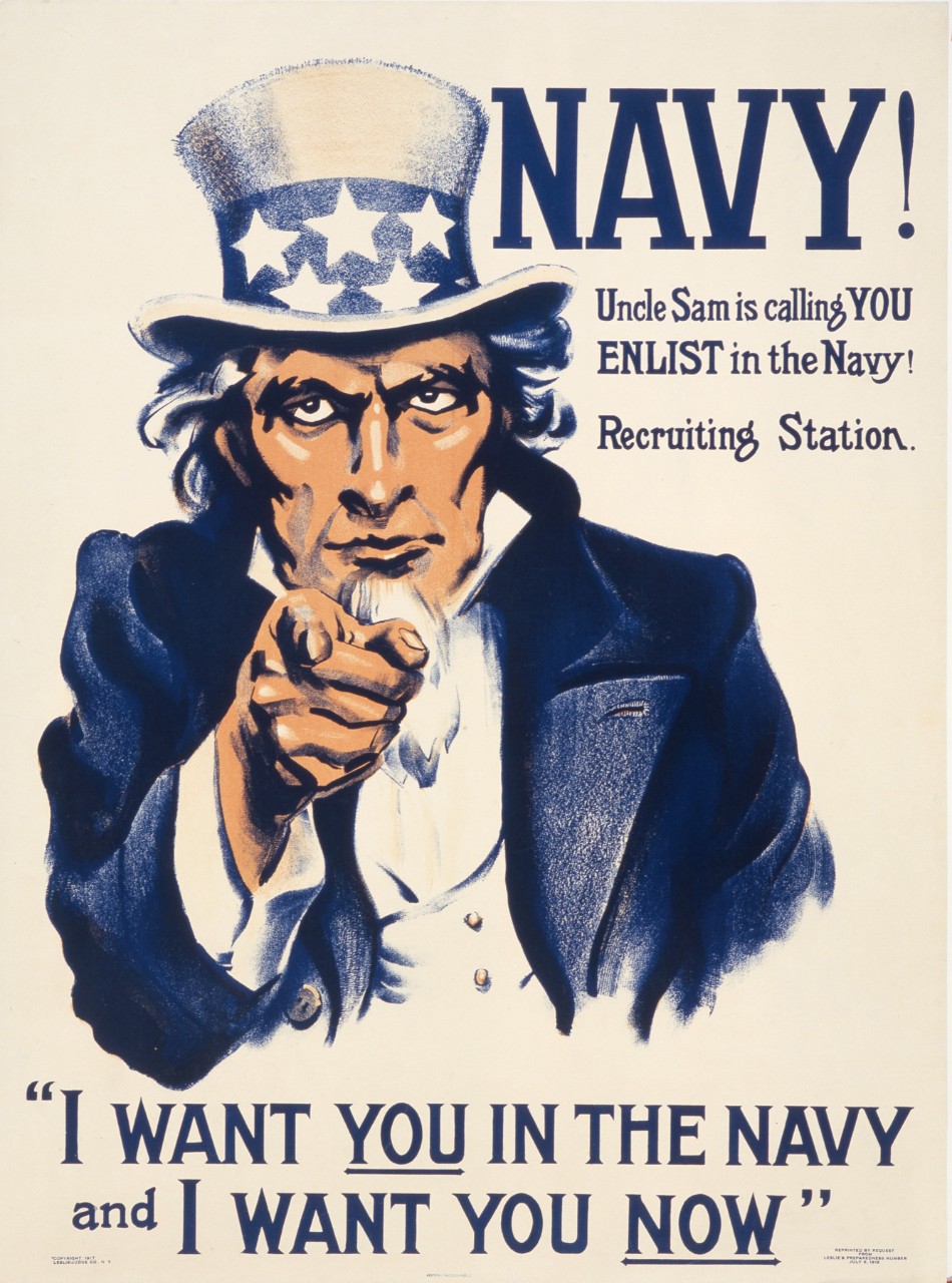 Portrait of Uncle Sam pointing at the viewer and saying “I want YOU in the Navy and I want you NOW”