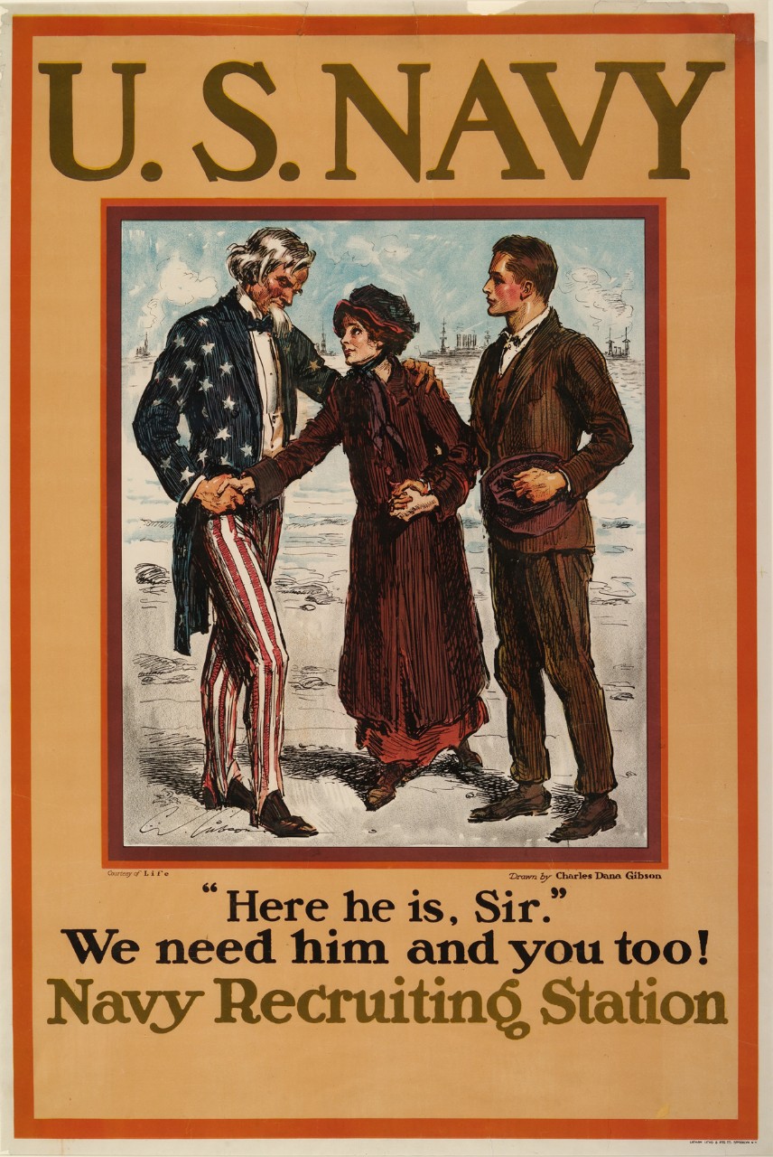 Allegorical Uncle Sam reassures a woman while a man stands next to her