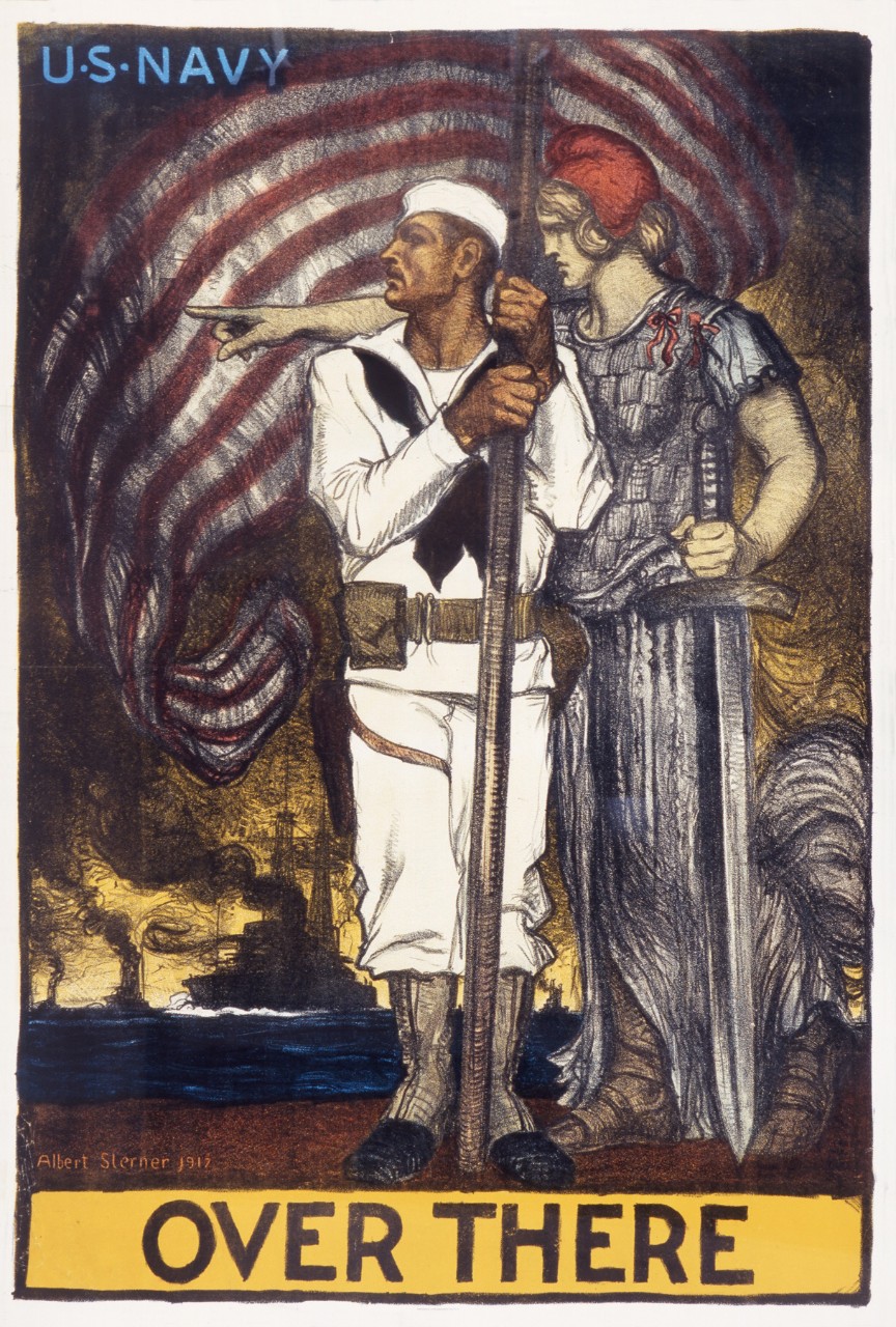 A sailor stands holding an American flag while an allegorical America points across the ocean