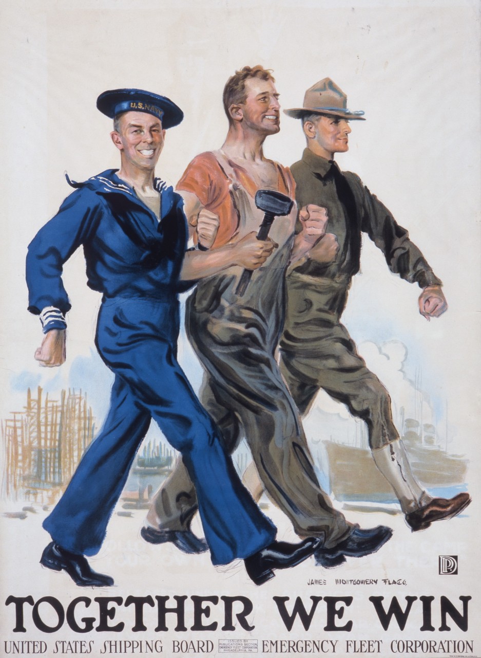A sailor a laborer and a soldier walk with locked arms