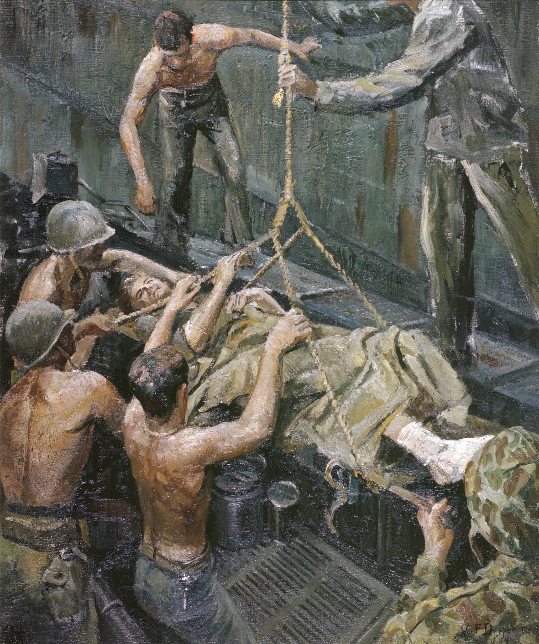 A wounded man being brought aboard a ship