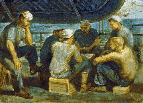 Sailors on the deck of a ship playing card games