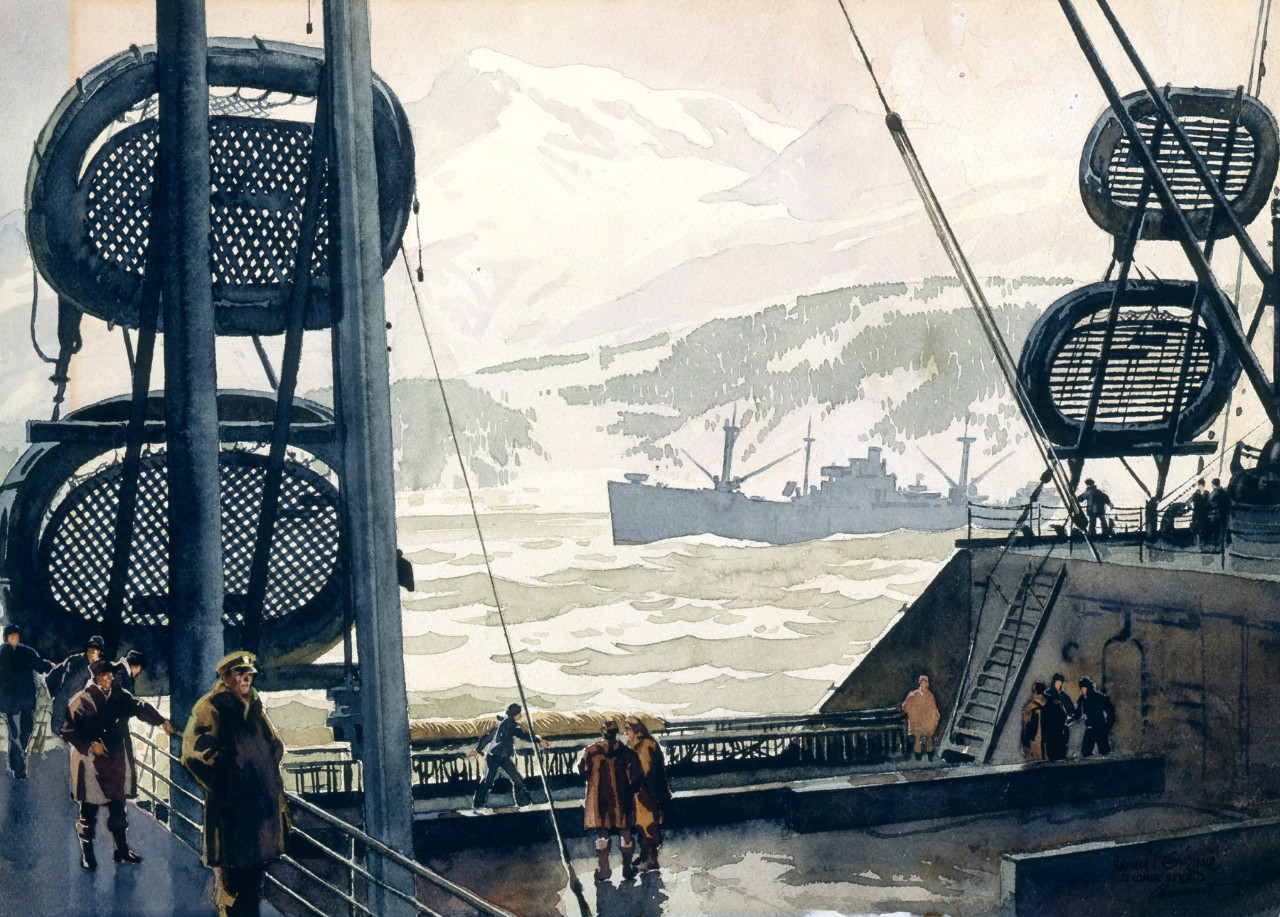 Men on a the deck of a ship look at another ship there is a mountain in the background