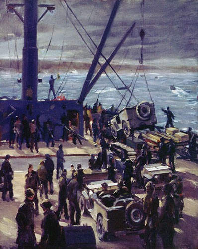 Unloading equipment and men from the deck of a ship