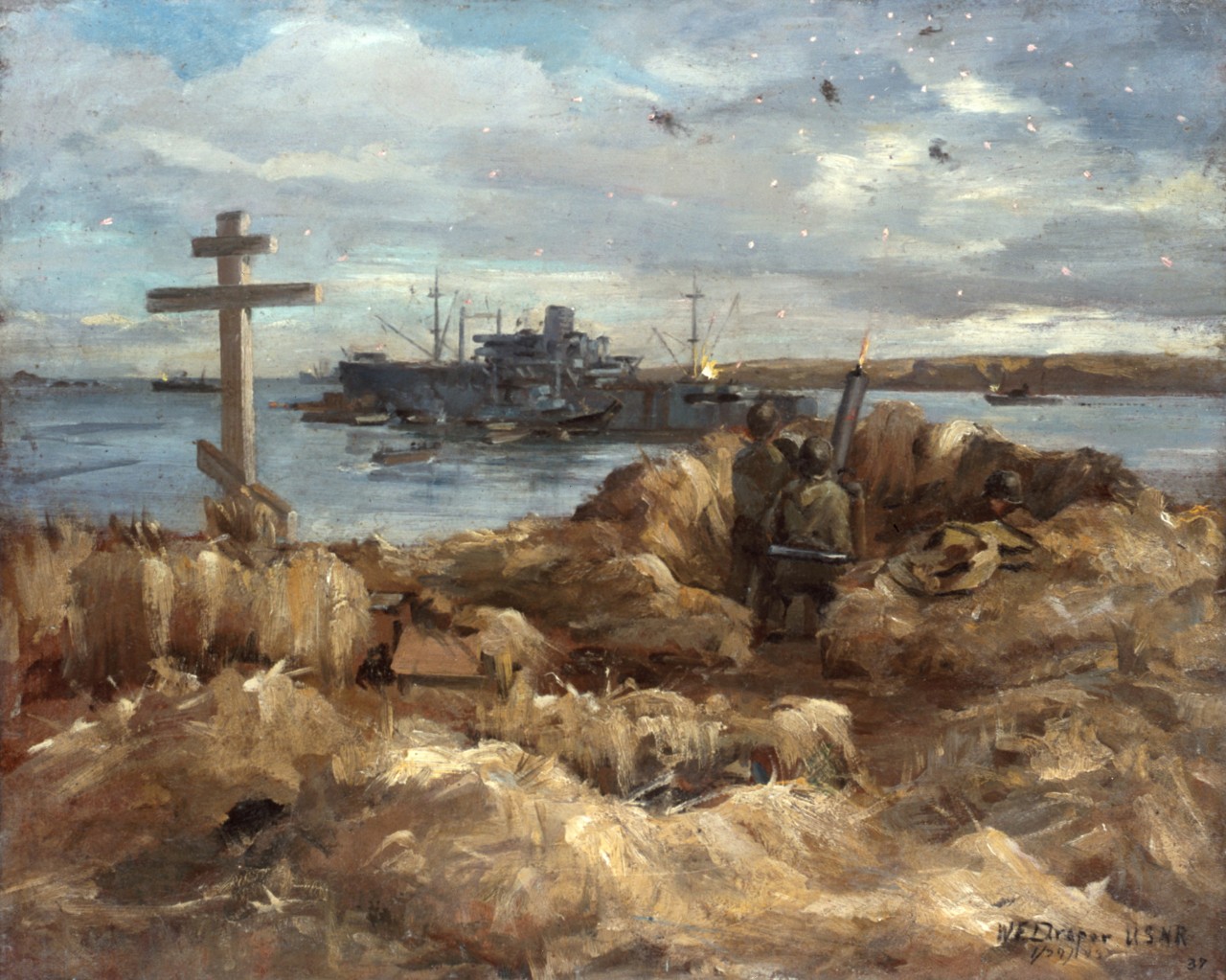 A view from a hill of a grave marker and ship traffic in the harbor