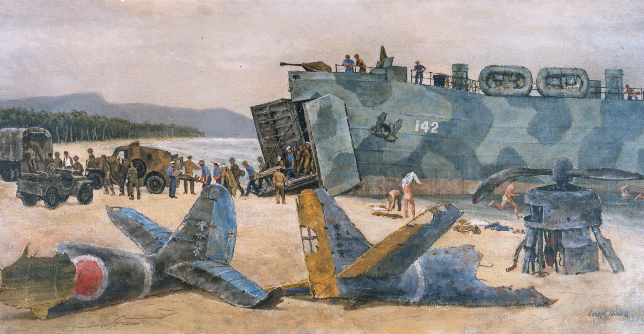 The wounded being loaded onto a landing craft