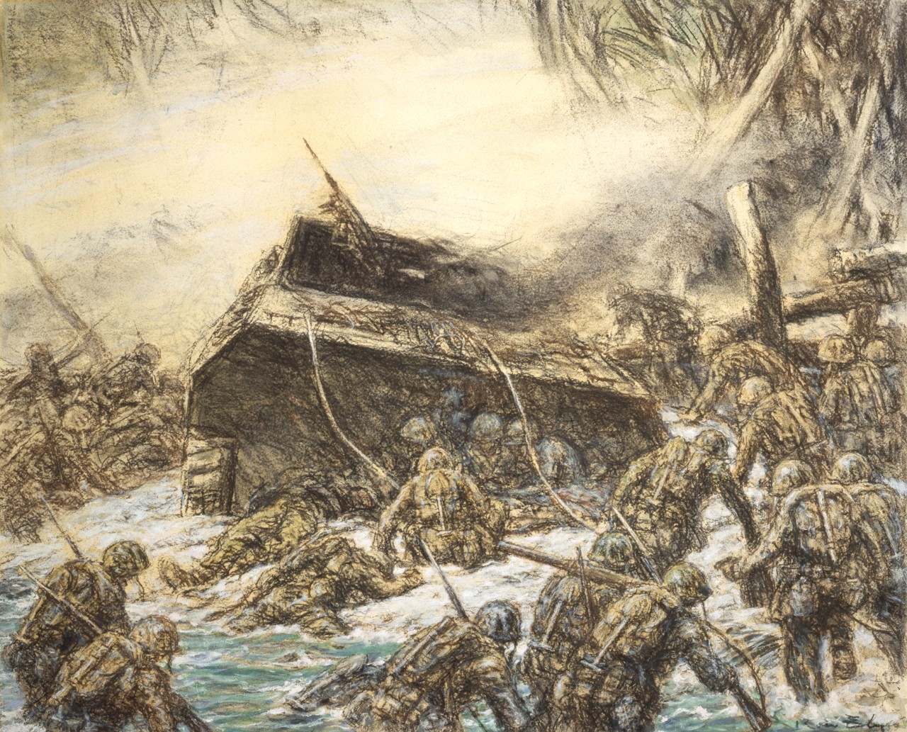 Marines on the beach attacking the Japanese