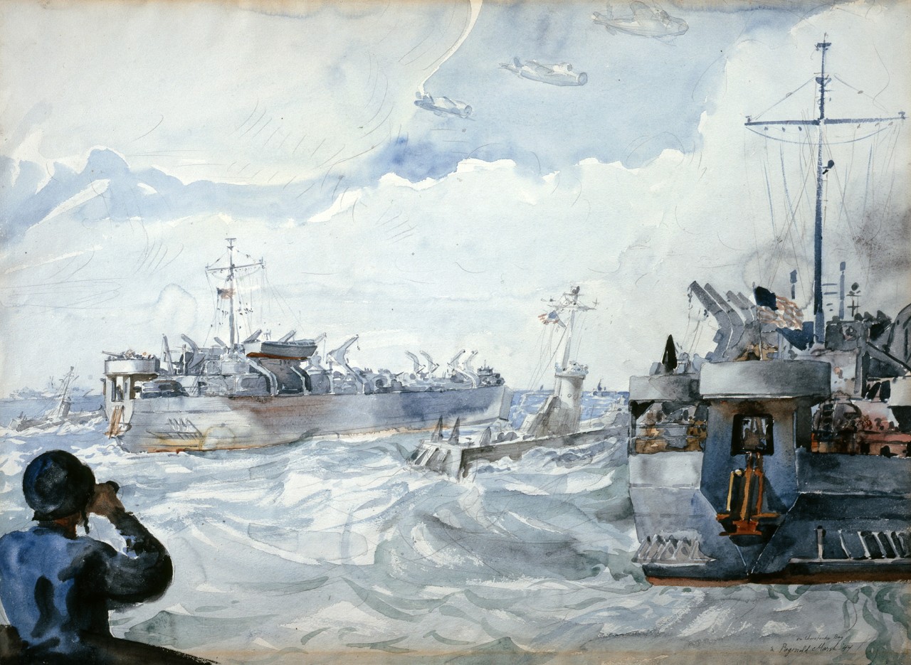 Fleet of landing craft in harbor