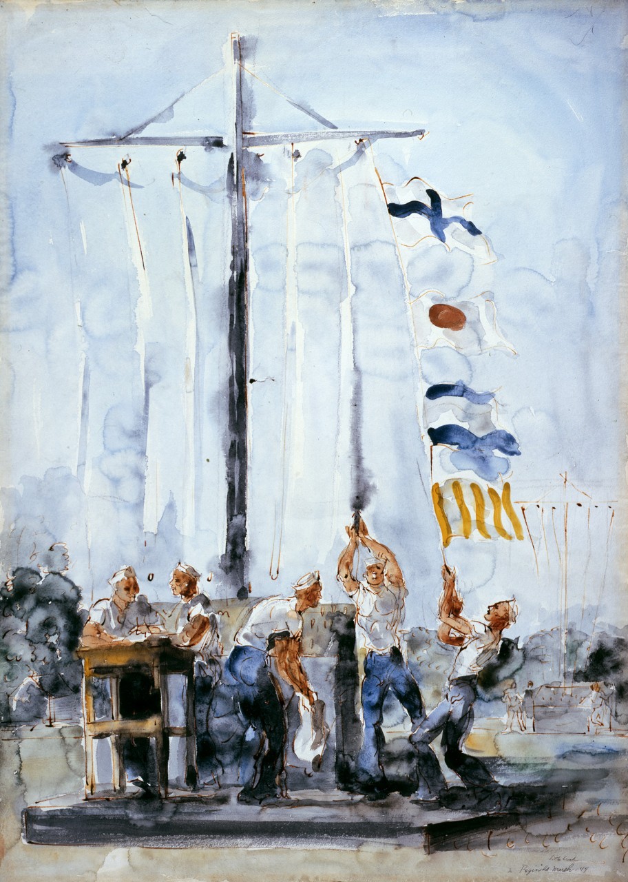 Sailors hoisting signal flags on a yardarm