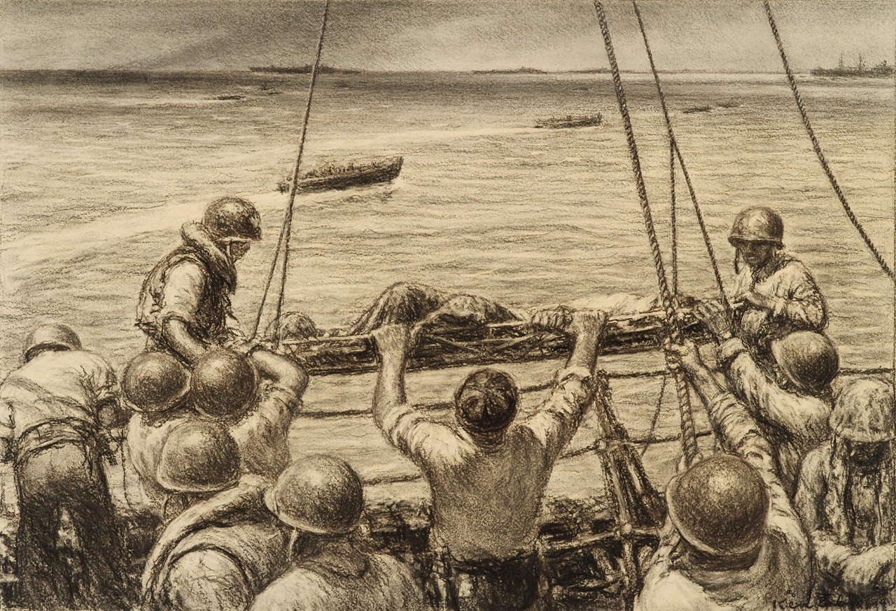 A wounded man being brought aboard a ship