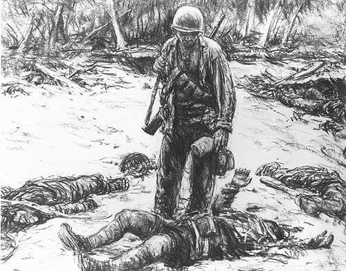 A marine standing amongst the dead