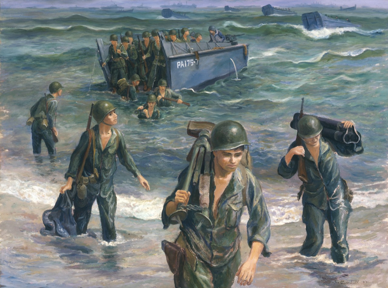 Soldiers wade through the water to come ashore