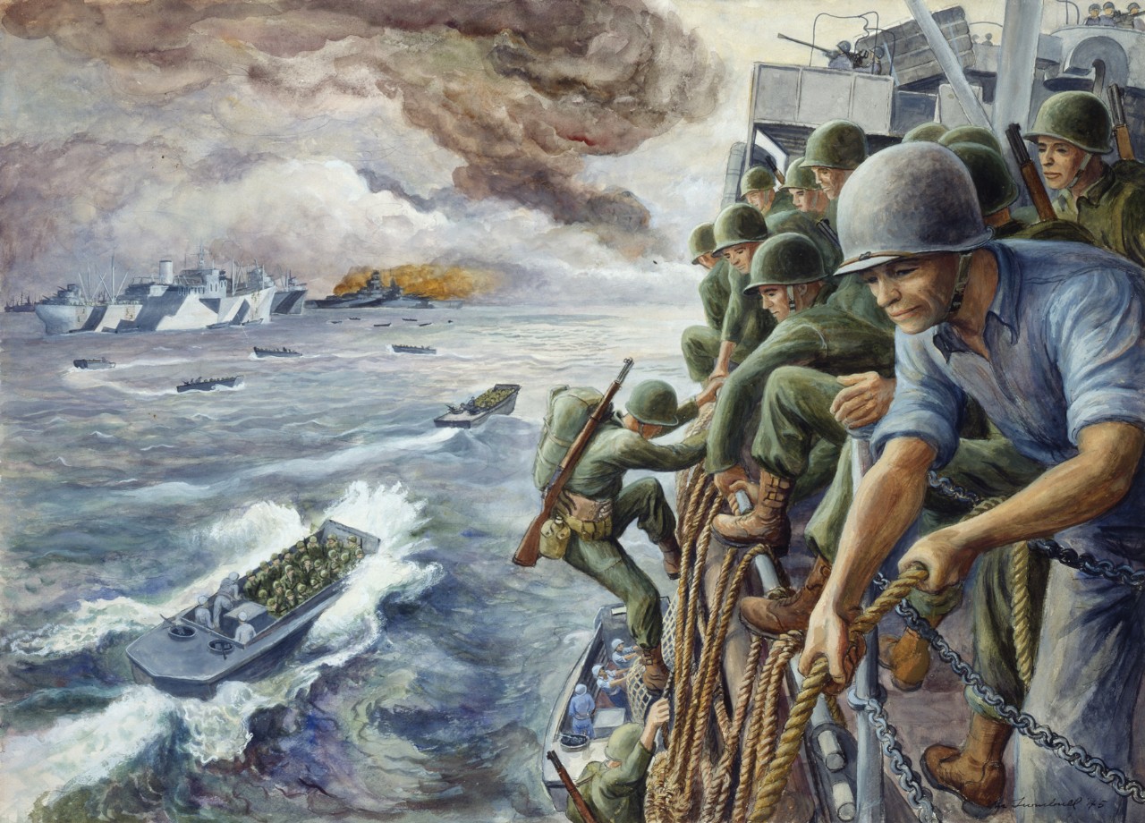 Marines going down the cargo nets during the invasion