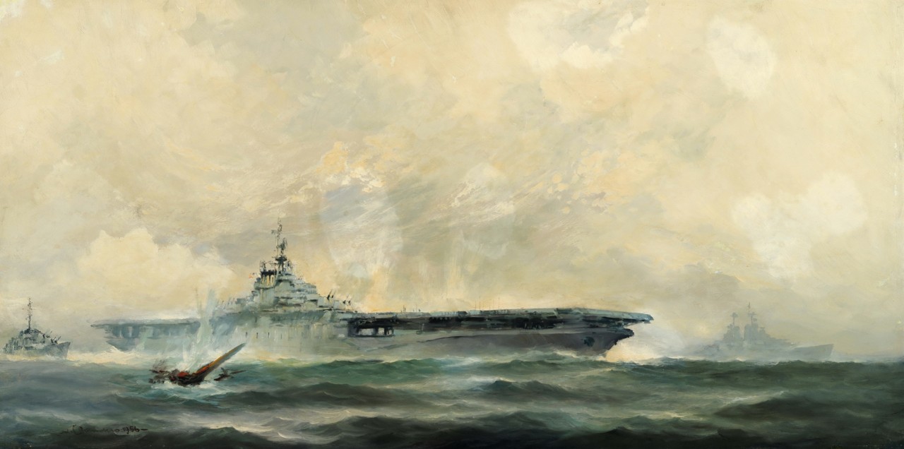 An aircraft carrier is moving to the right side of the painting.  In the lower left, a wing from a Japanese plane is floating in the water