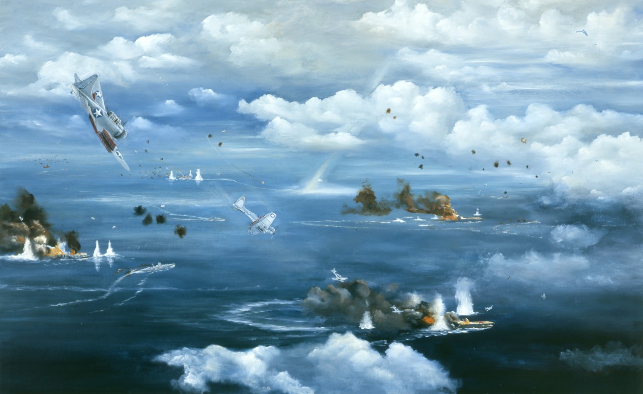 A plane dive bombing Japanese ships