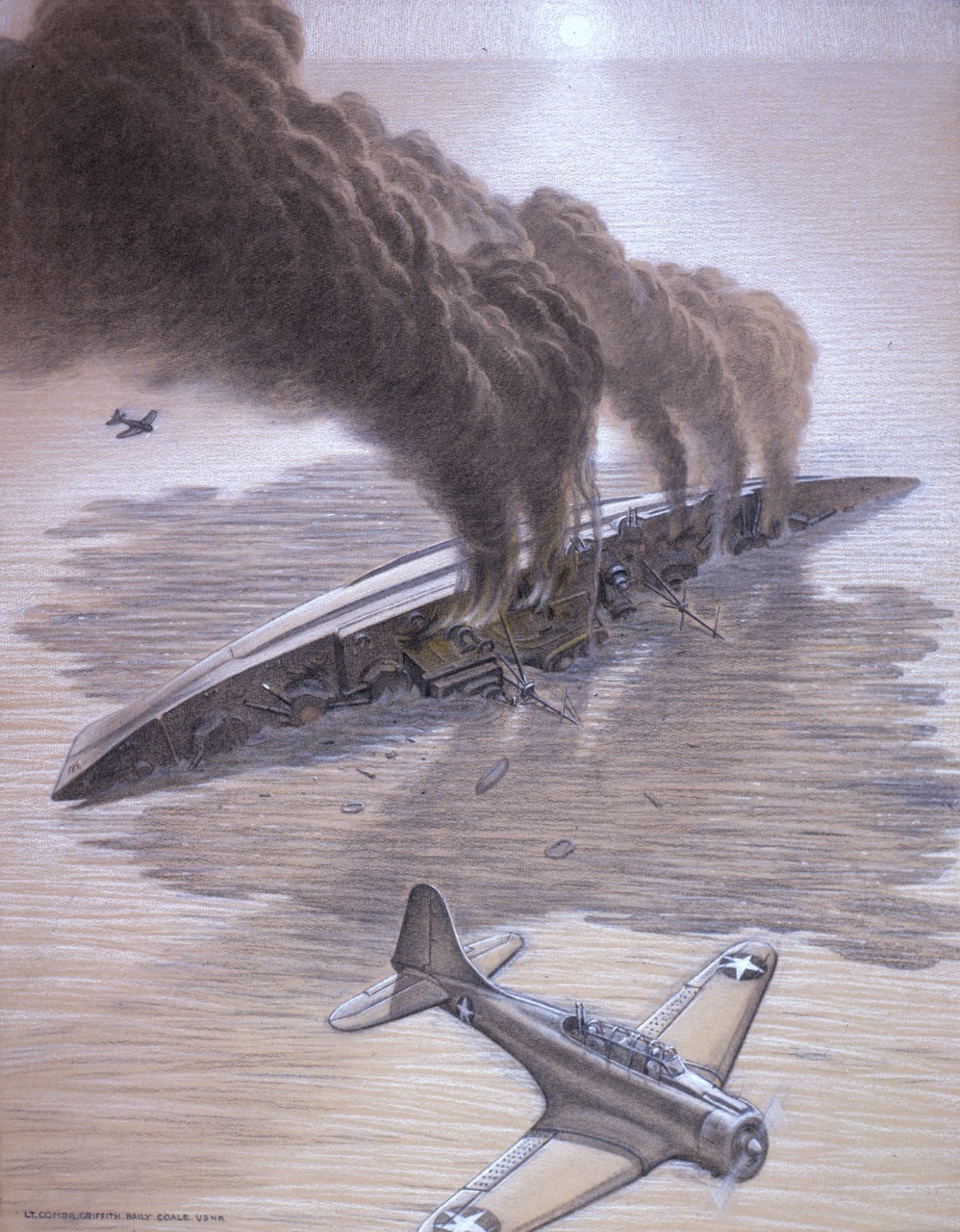 Japanese ship is sinking while American planes fly over
