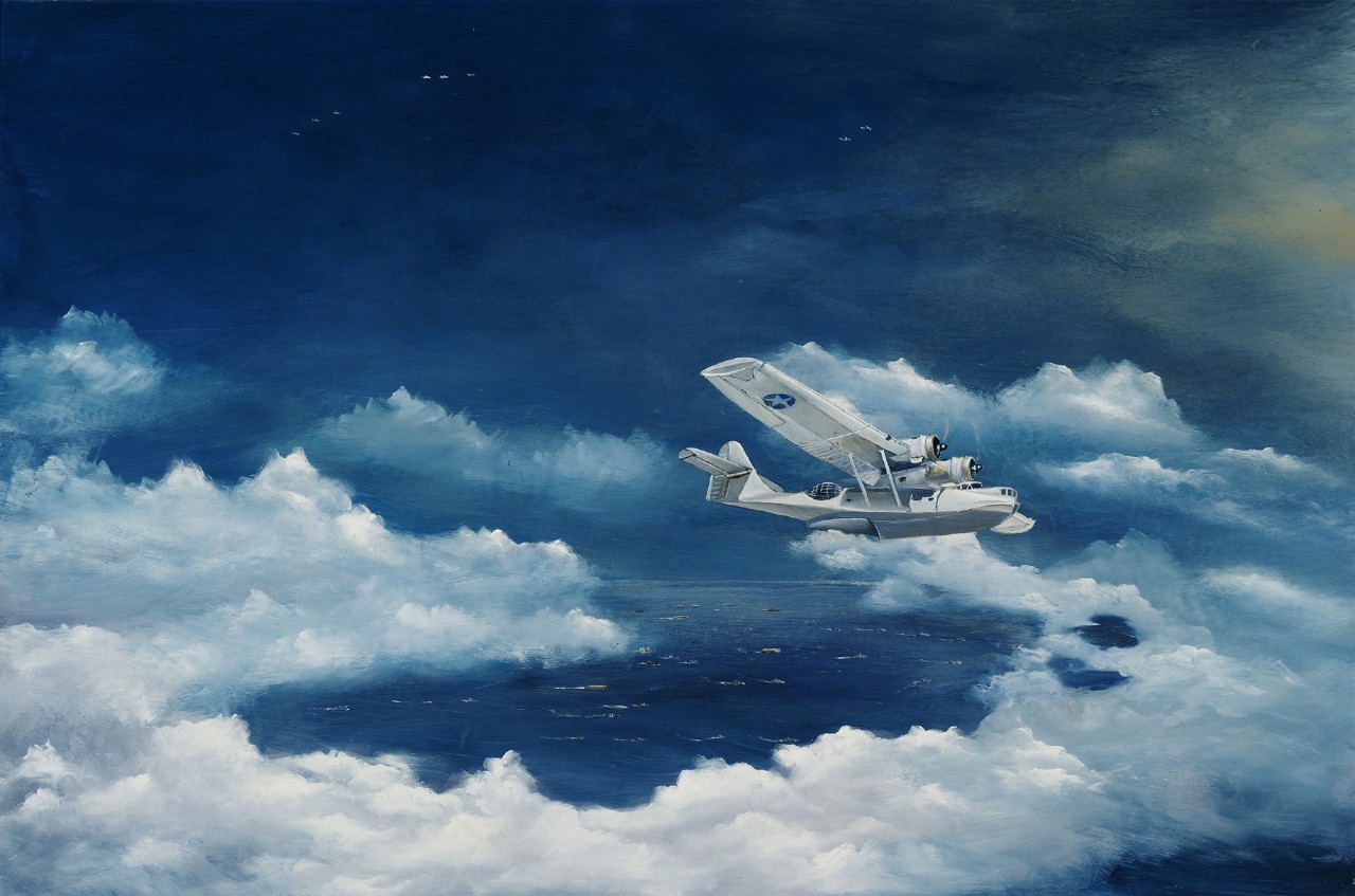 A PBY Catalina is flying above a break in the clouds the Japanese fleet can be seen in the distance
