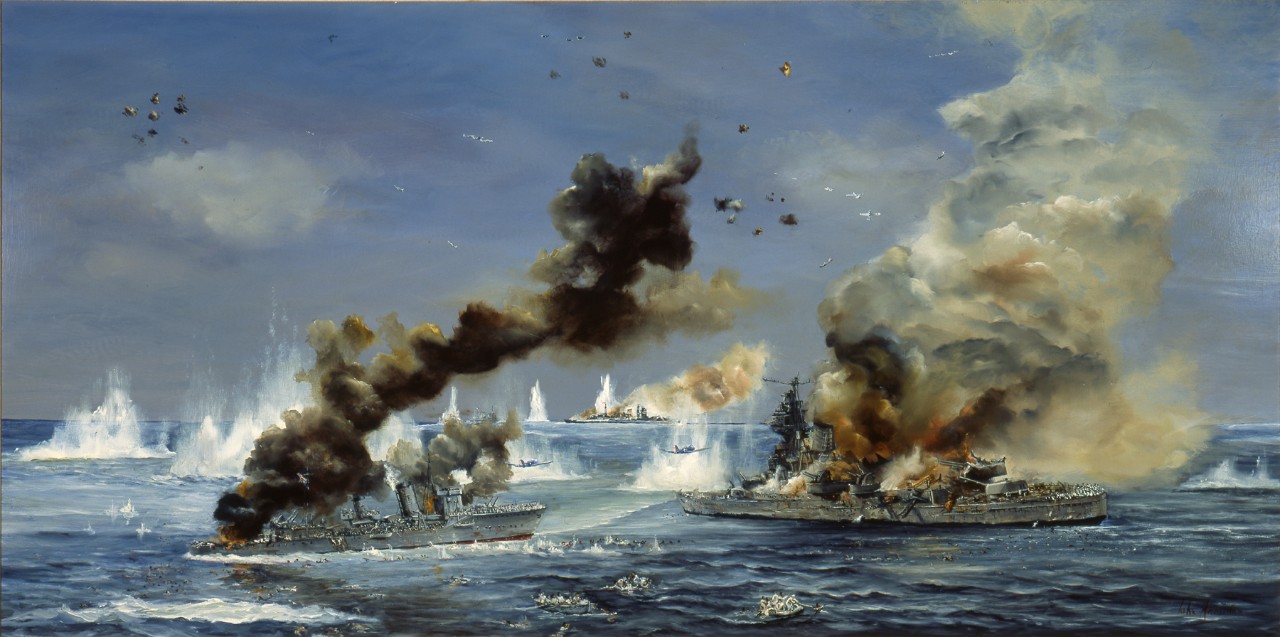 Two ships in the foreground with heavy smoke coming from all over both ships.  A third ship in the far background is also heavy with smoke there are splashes of water all around the ships