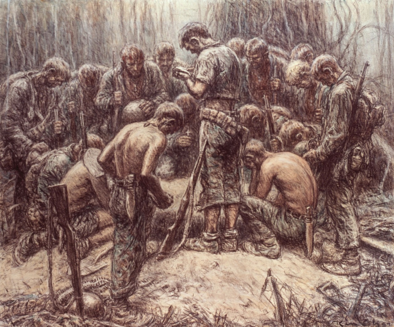 A group of Marines stand around a grave in the jungle