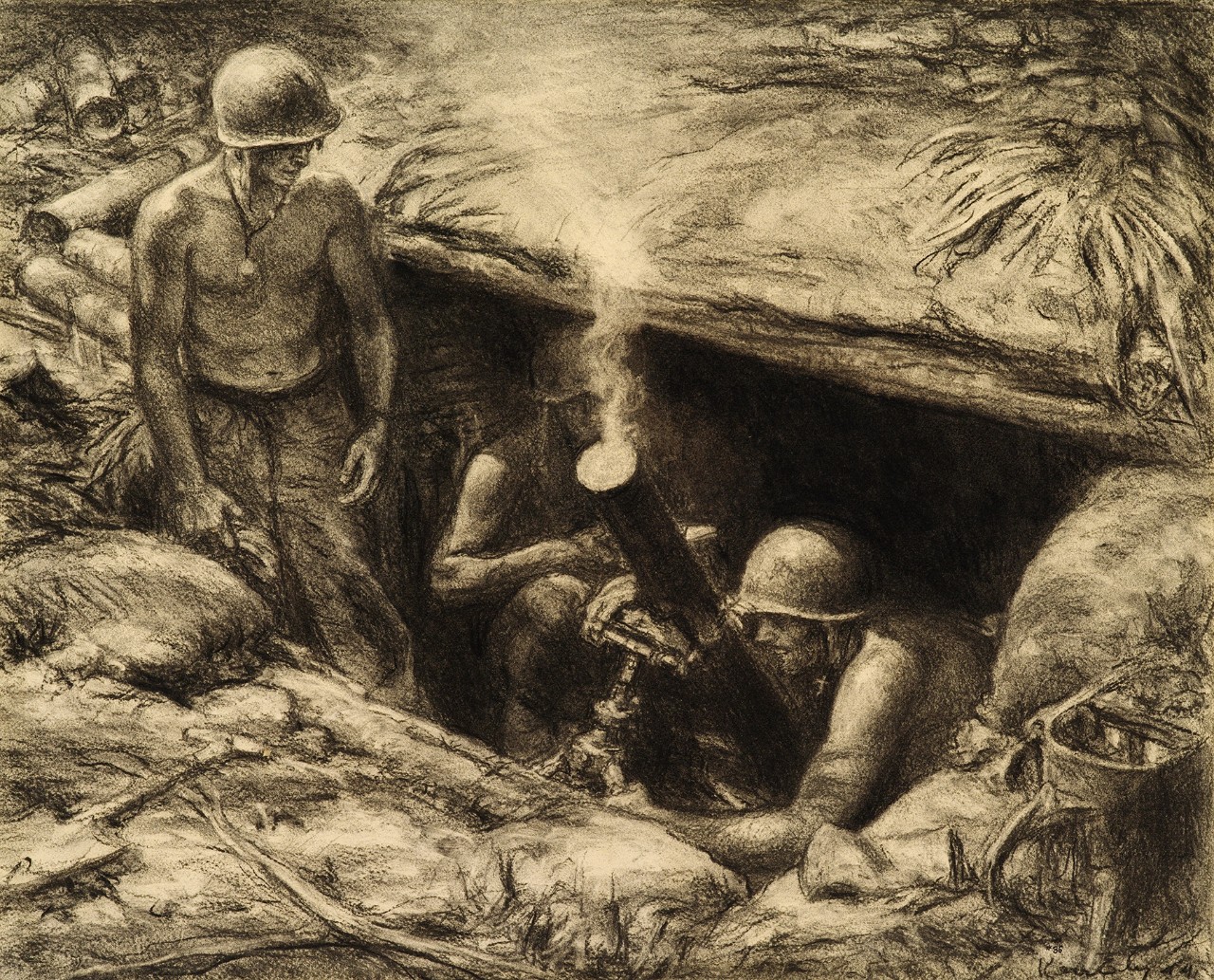A Marine gun crew prepares to load a mortar