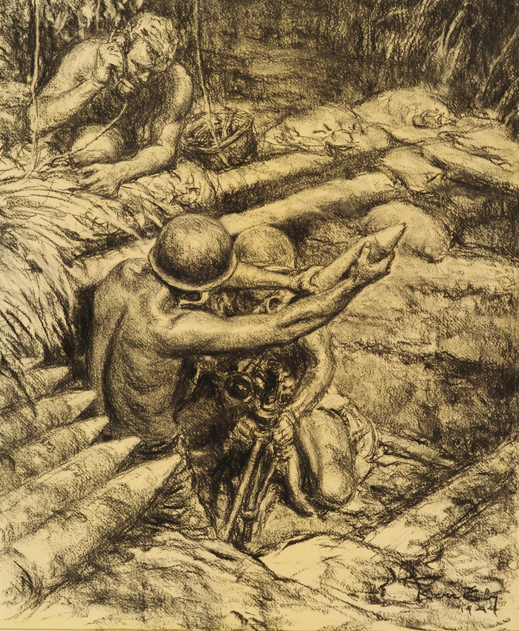 Marines loading a mortar in a foxhole