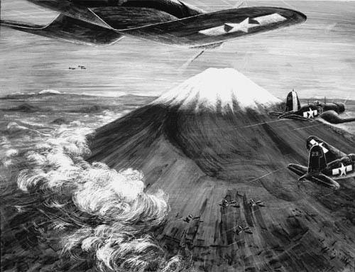 An American airplane flies over Mount Fuji