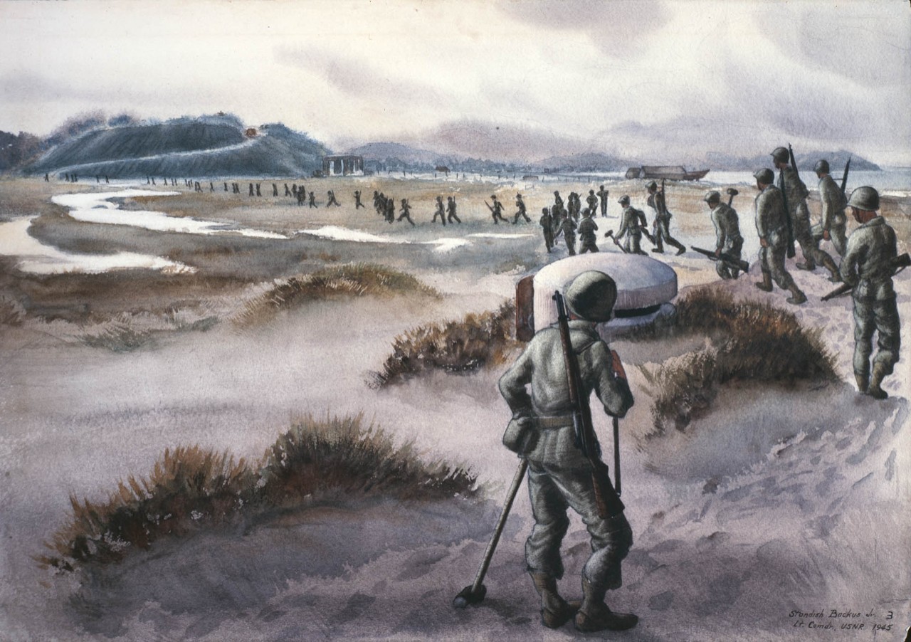 Soldiers marching across a valley