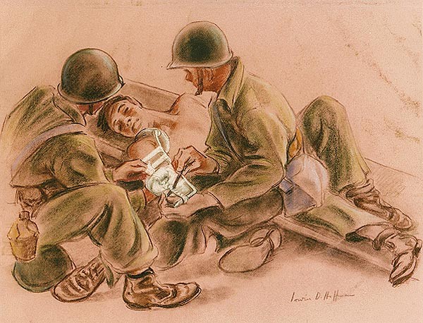 Two corpsmen aid a soldier on a strechter