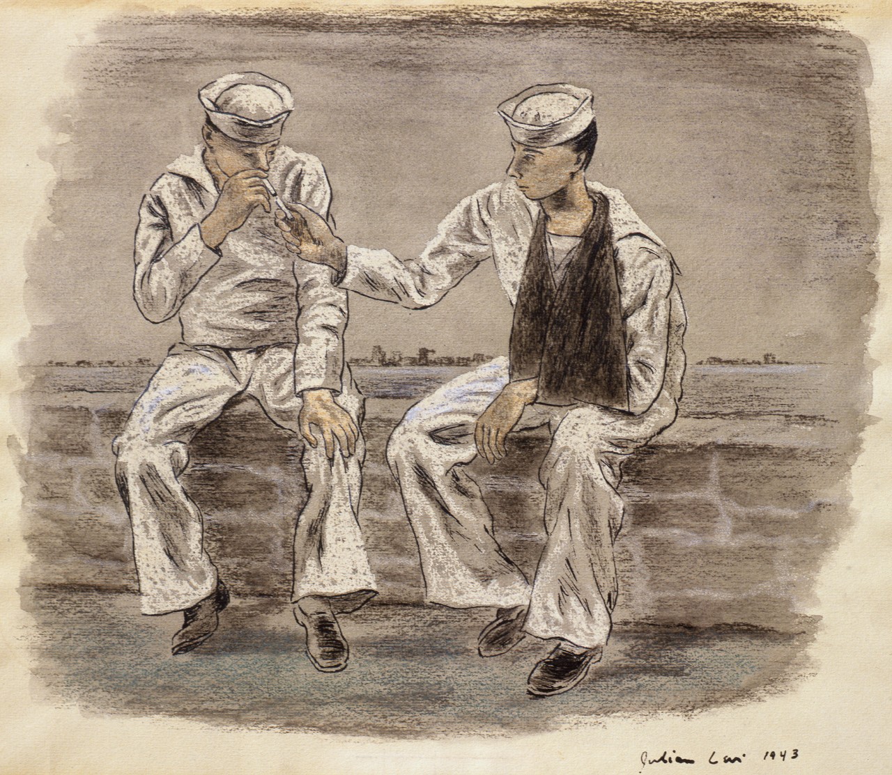Two sailors smoking, one of them has his arm in a sling