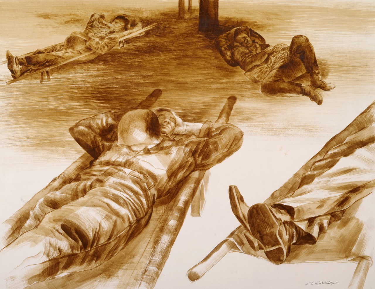 Corpsmen rest on stretchers