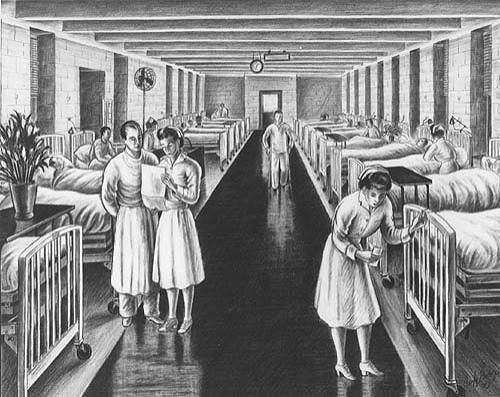 A room with rows of beds for patients