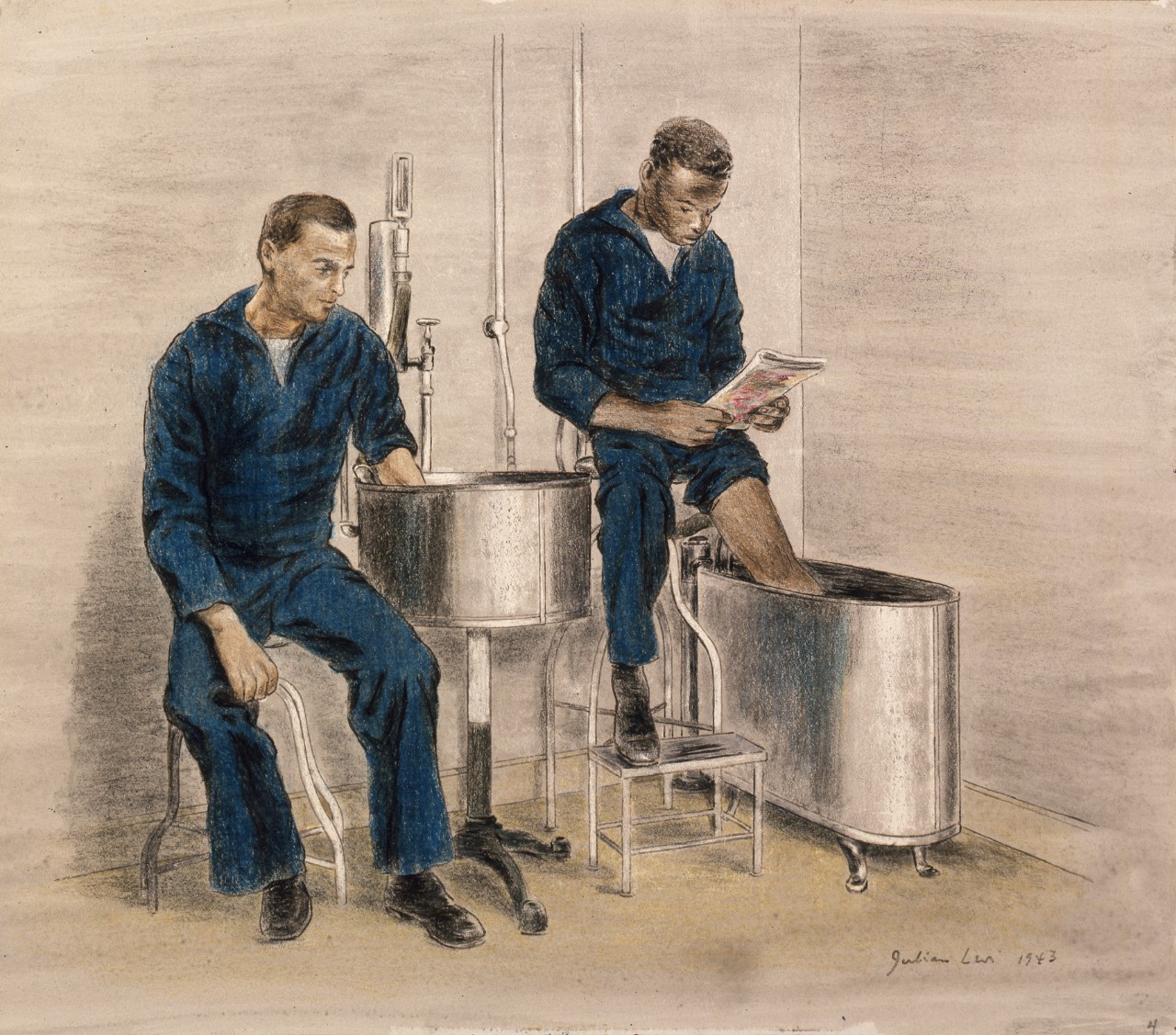 Two sailors are using hydrotherapy tanks one is treating his arm the other his leg