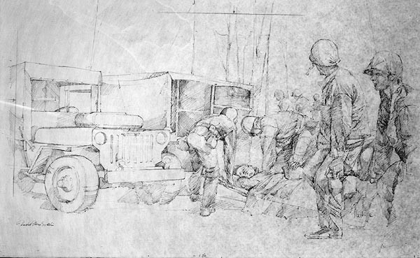 Group of corpsman load a wounded man onto a jeep
