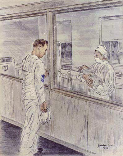 A sailor looks through the window of the nursery as nurse holds a baby