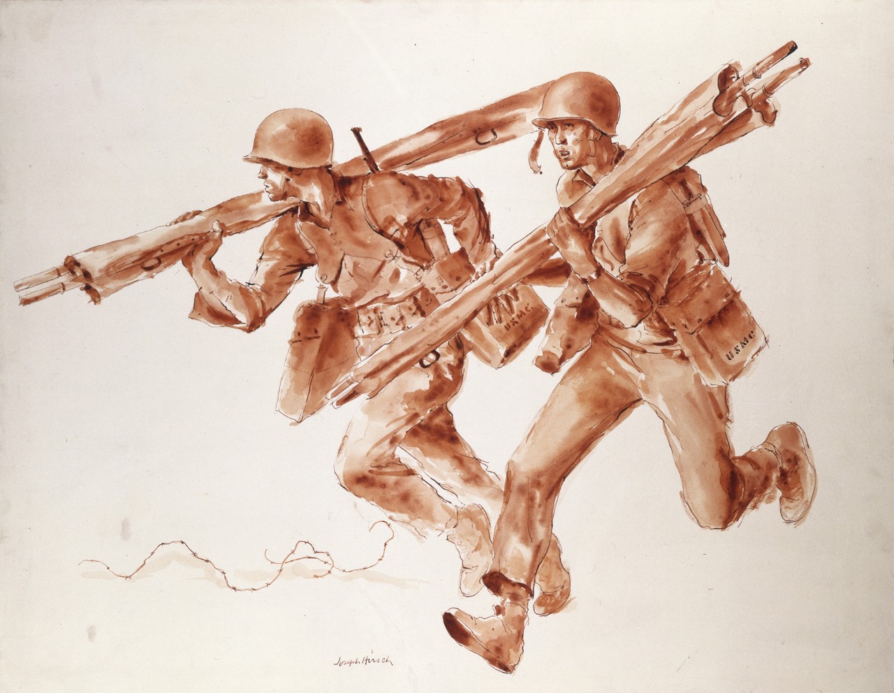 Two corpsmen running with stretchers