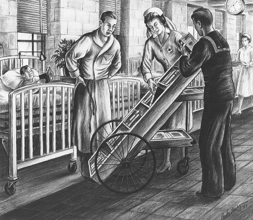 A woman with a sailor pushes a cart of books through the hospital ward