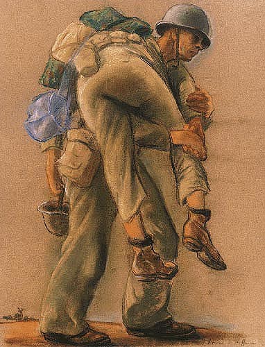 A corpsman carries a wounded soldier on his back