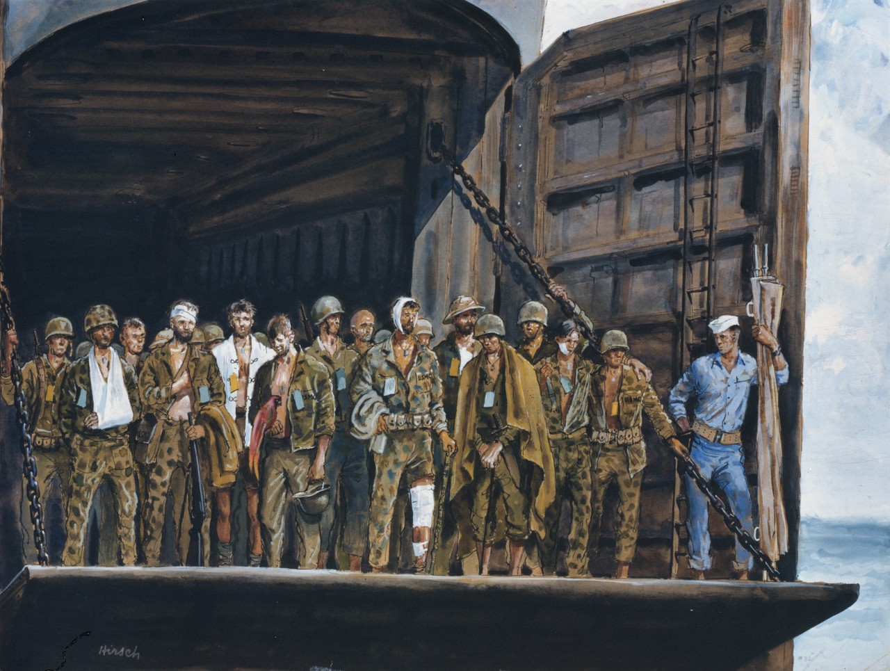 Wounded soldiers stand on the ramp of an LST
