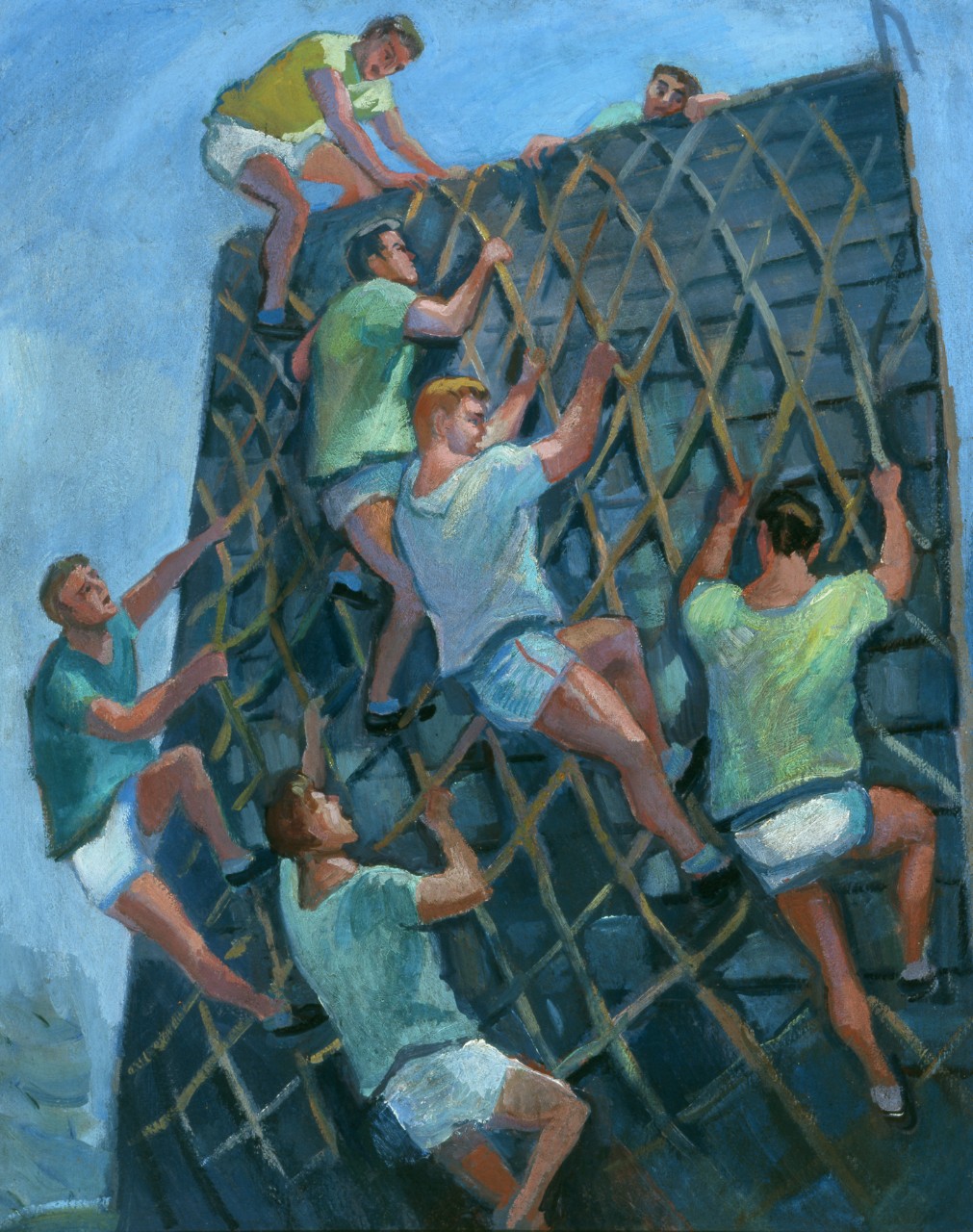 Men climb up a cargo net on a barricade