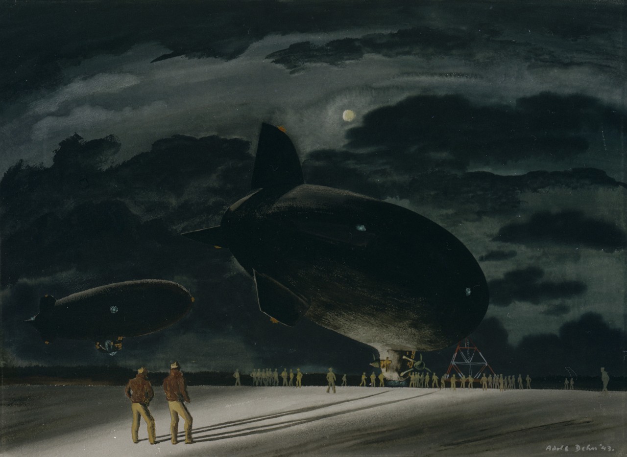 A blimp with the ground crew, the full moon is shining behind the blimp