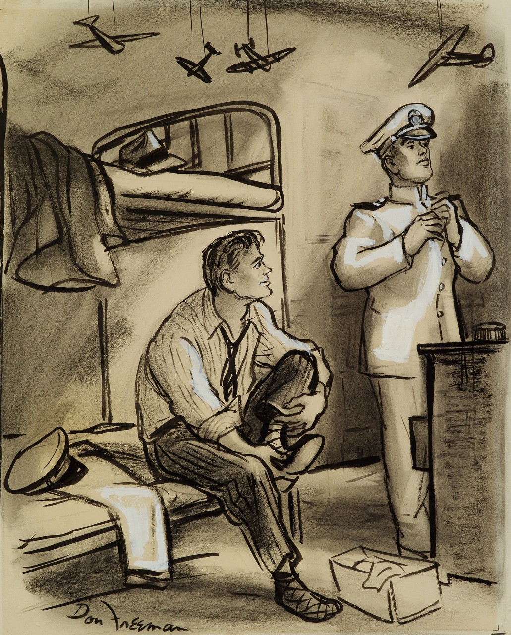 Two men one is seated on the lower bunk in civilian dress the other is looking in the mirror and adjusting his navy uniform