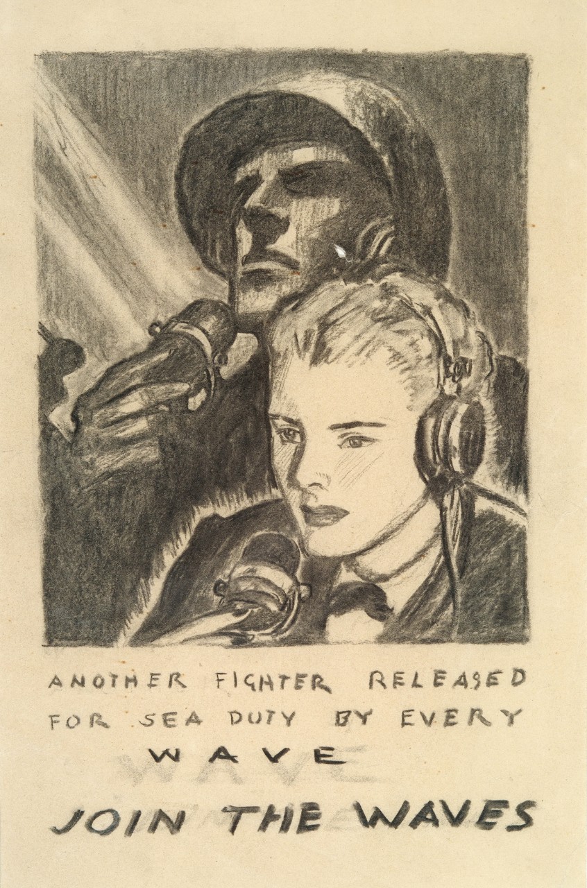Drawing of a WAVE radio operator and a gunner behind her