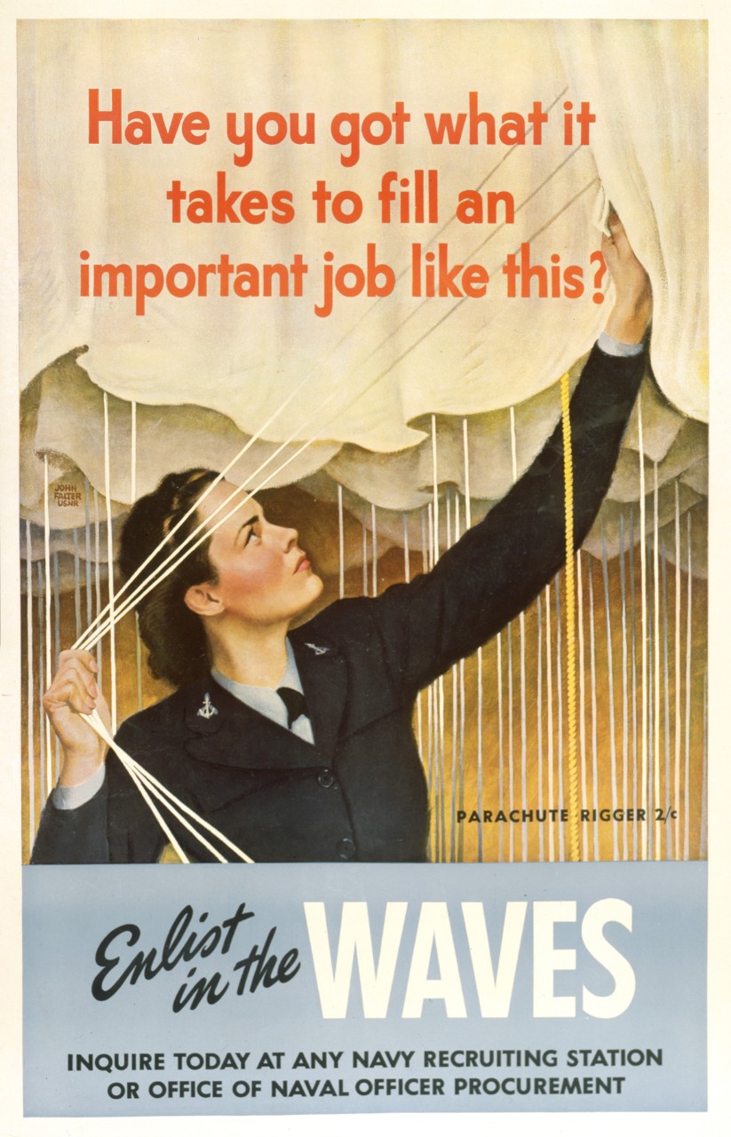 A poster for wave recruitment featuring a female parachute rigger