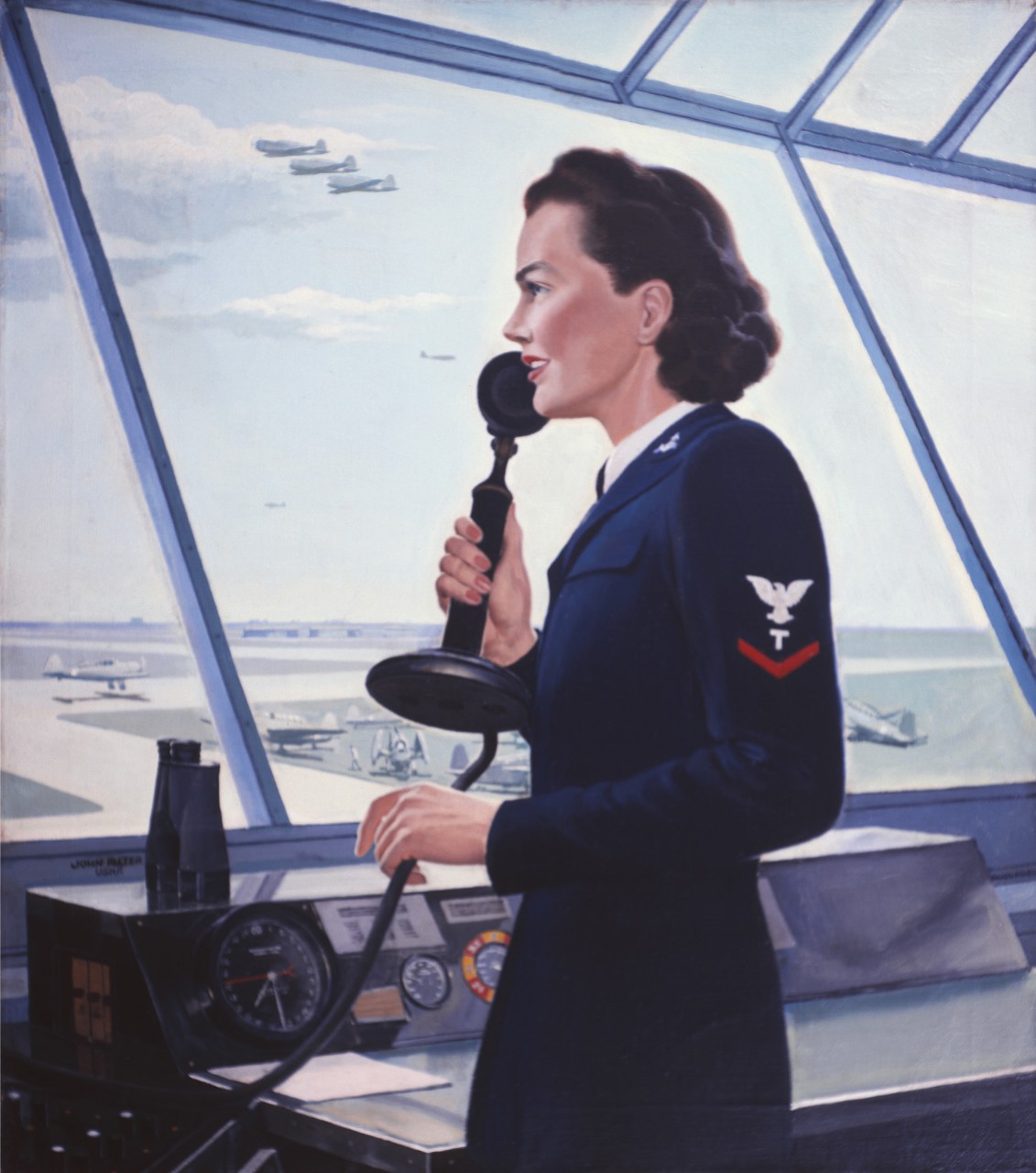 A female air traffic controller in a control tower