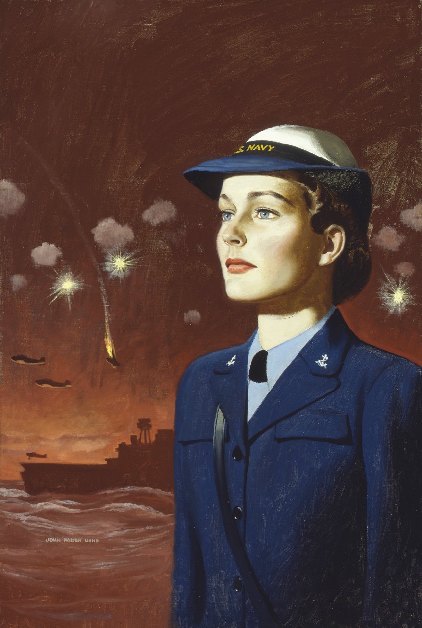 Portrait of a WAVE with ships in combat behind her