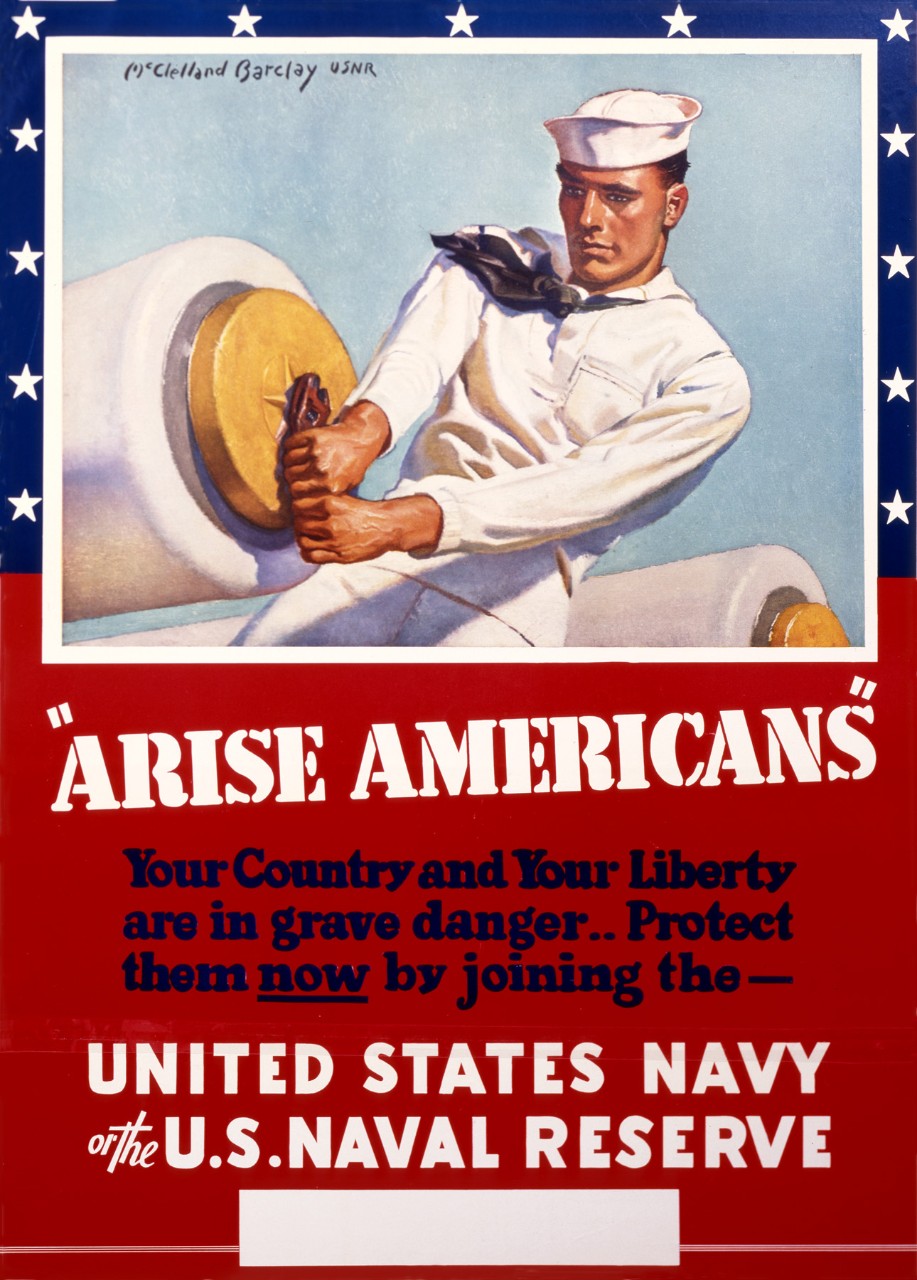 Poster with a center image of a sailor preparing a gun for firing