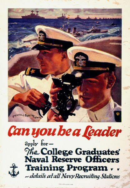 Poster with center image of two navy officers using a sexton